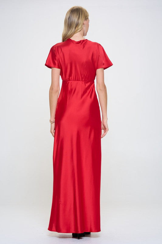 Satin Solid Deep V neck Formal Dress