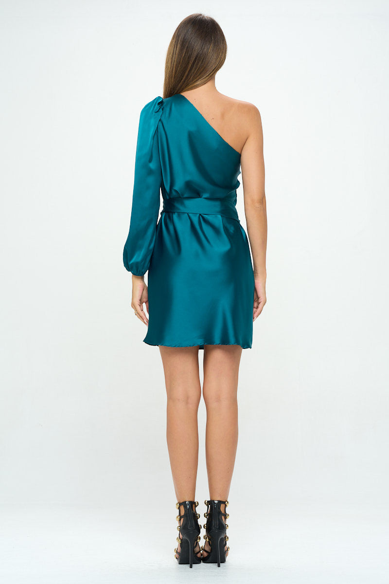 Stretch Satin One Shoulder Bodycon Dress w/ Tie