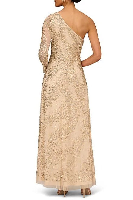 Aidan Mattox Beaded One Shoulder Long Sleeve A-Line Gown