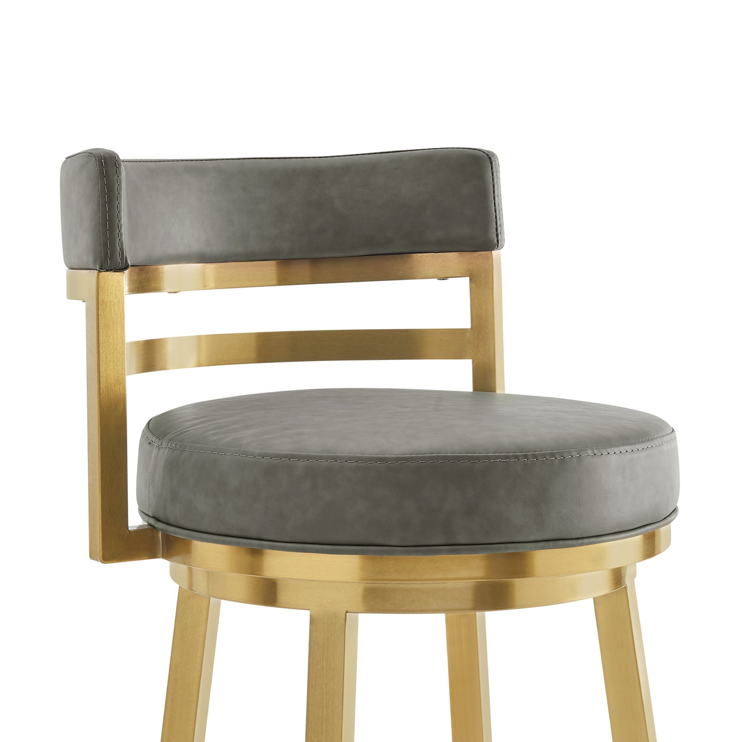 Swivel Bar Chair 26" Gray and Gold Faux Leather and Stainless Steel Low Back Counter Height