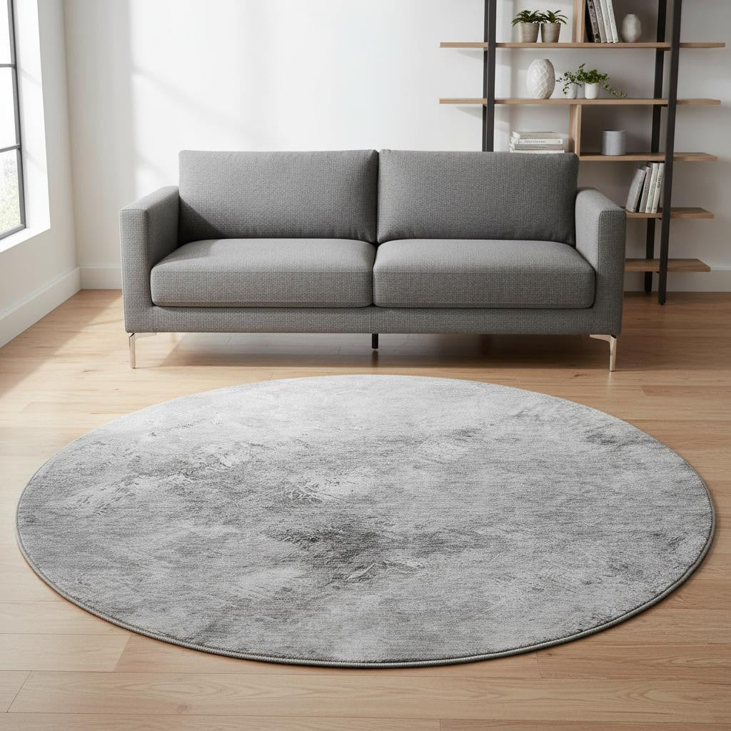 8' Silver And Gray Abstract Washable Round Rug With UV Protection