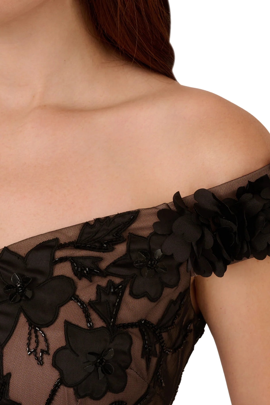 Adrianna Papell Off-the-Shoulder Neckline Sheer Knit Mesh Beaded Sequin Floral Design Fitted Silhouette Column Skirt Dress-2