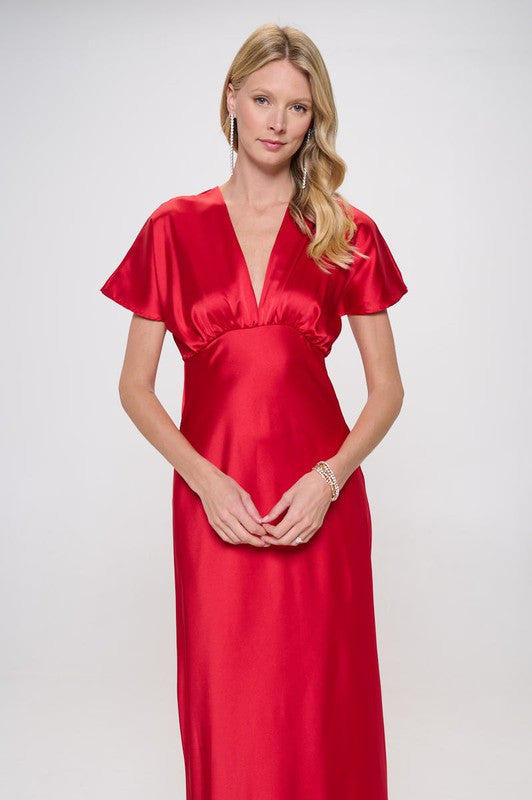 Satin Solid Deep V neck Formal Dress