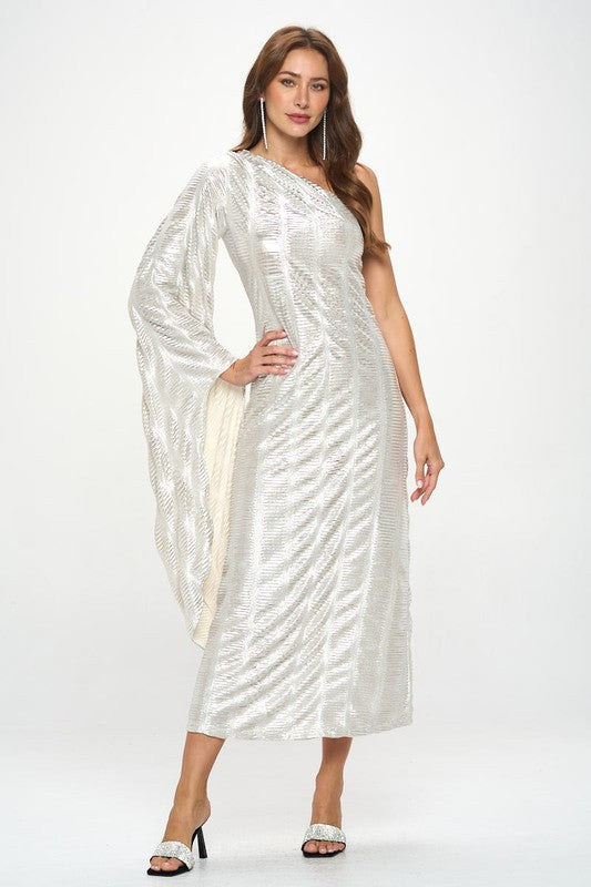 Metallic One Shoulder Bell Sleeve Maxi Dress