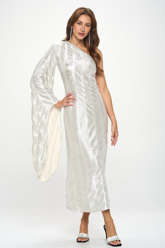 Metallic One Shoulder Bell Sleeve Maxi Dress