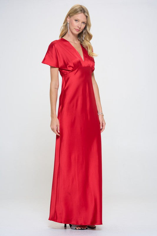 Satin Solid Deep V neck Formal Dress
