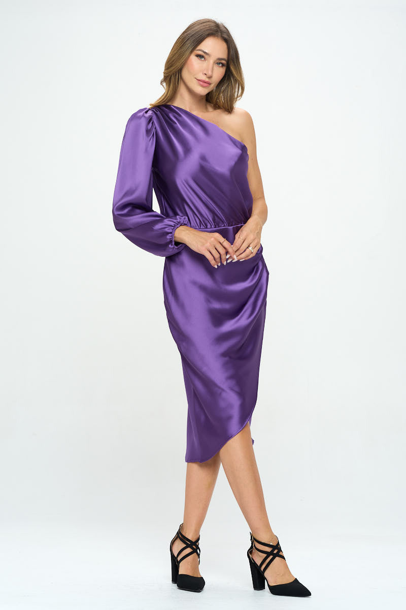 Satin One Shoulder Bodycon Dress w/ Asymmetric Hem
