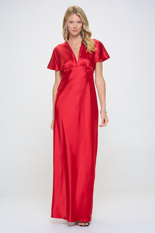 Satin Solid Deep V neck Formal Dress