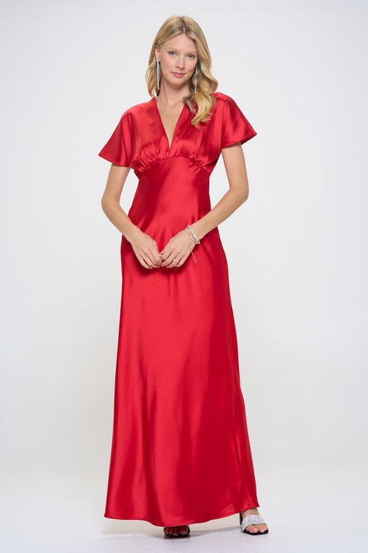 Satin Solid Deep V neck Formal Dress