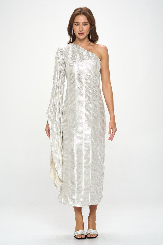 Metallic One Shoulder Bell Sleeve Maxi Dress