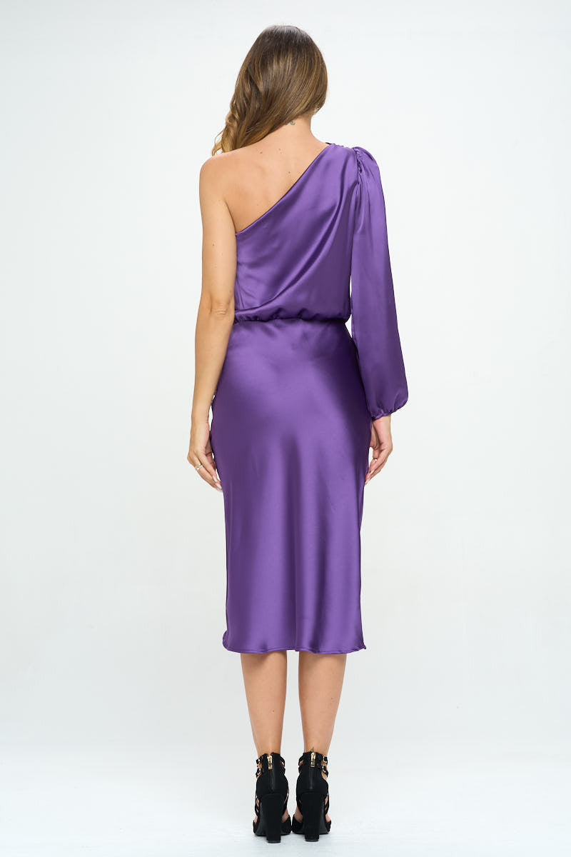 Satin One Shoulder Bodycon Dress w/ Asymmetric Hem