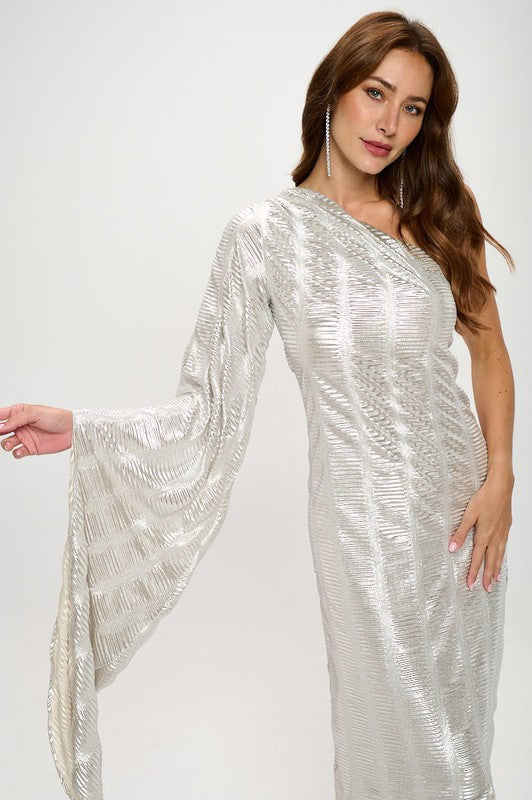 Metallic One Shoulder Bell Sleeve Maxi Dress