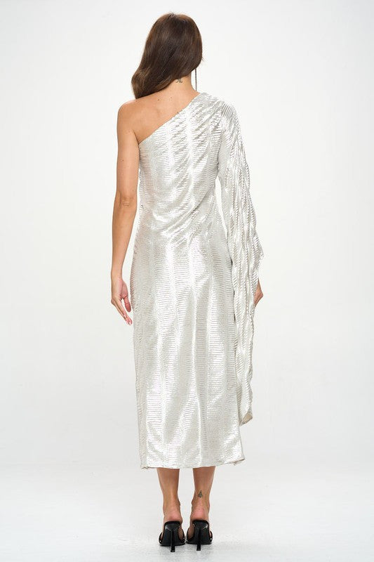 Metallic One Shoulder Bell Sleeve Maxi Dress