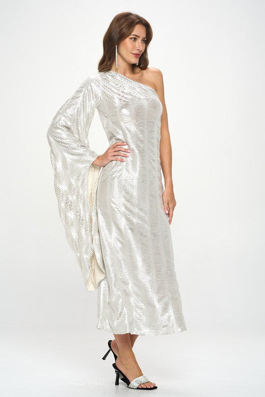 Metallic One Shoulder Bell Sleeve Maxi Dress