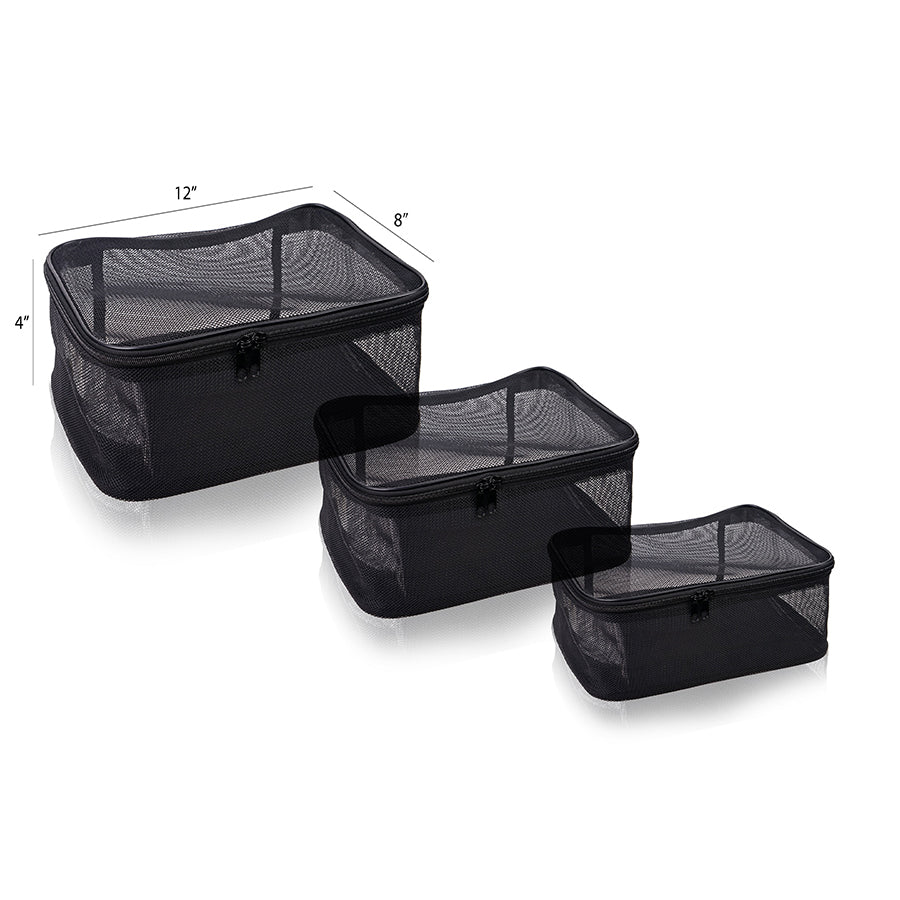 Assorted Size Cosmetics Travel Bag - Black Mesh - 3PC Set